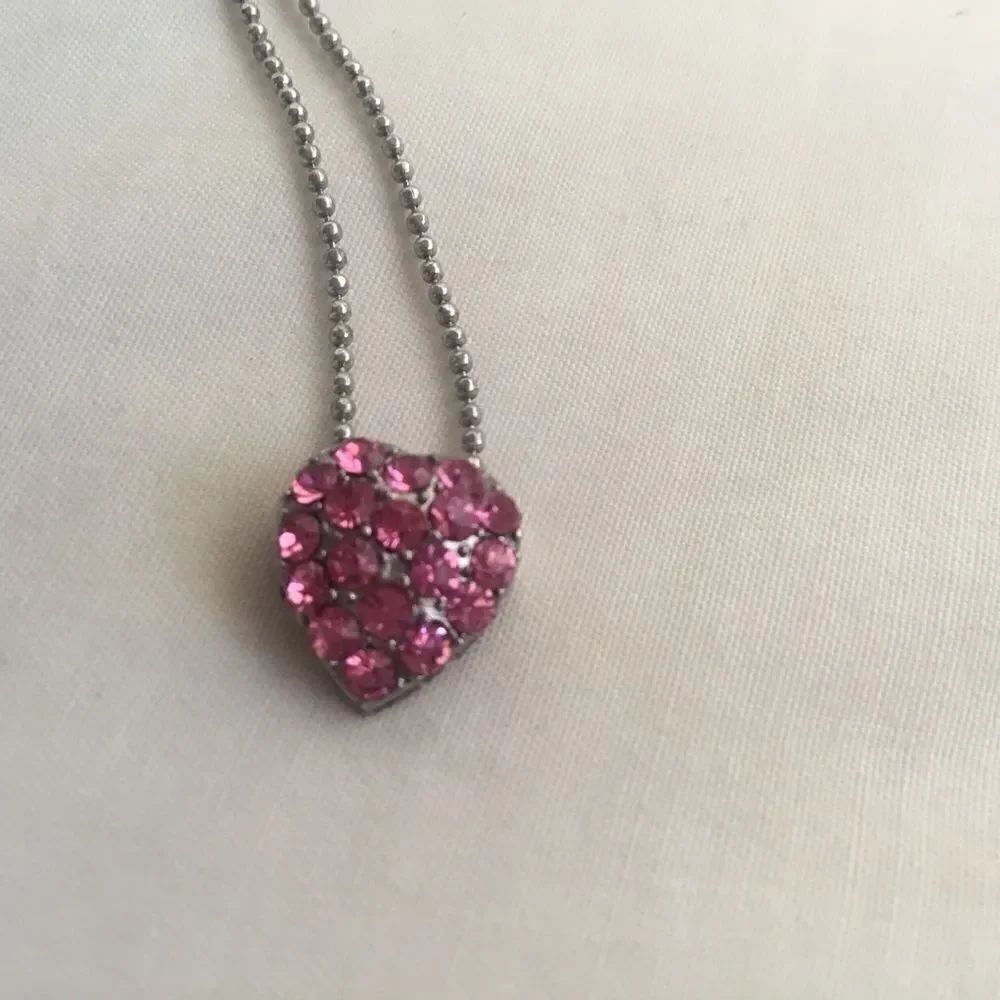 Silvertone Pink Crystals Heart Necklace